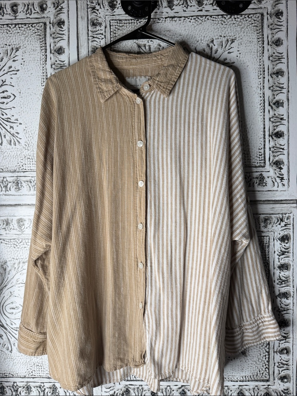 American Eagle Women’s Two-Tone Striped Button-Up Shirt in Beige and Cream